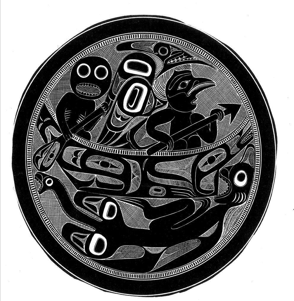 A drawing of a carving by Charles Edenshaw in the late 1800s depicting the Haida myth of the origin of women. Fungus Man is paddling the canoe with Raven in the bow in search of female genitalia. (Courtesy of the Field Museum of Natural History, Chicago)