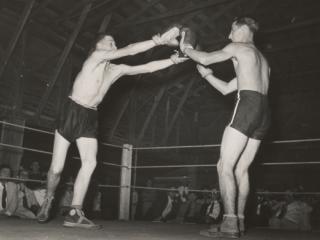 Start of an amateur boxing match, Rayne, Louisiana. 1938. Photographer Lee Russell