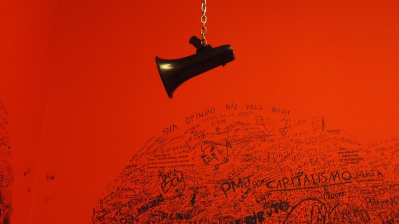 a dark bullhorn hangs