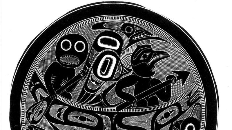 A drawing of a carving by Charles Edenshaw in the late 1800s depicting the Haida myth of the origin of women. Fungus Man is paddling the canoe with Raven in the bow in search of female genitalia. (Courtesy of the Field Museum of Natural History, Chicago)