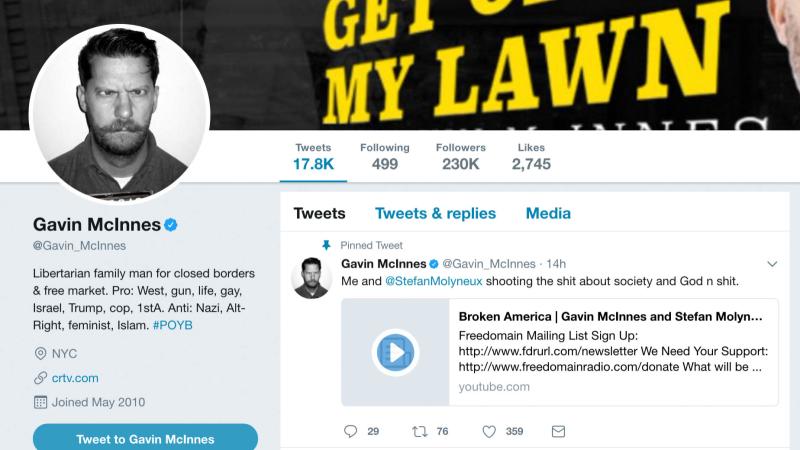 This is Proud Boys founder Gavin McInnes’ Twitter profile, in which he states that he opposes Nazis, Islam and feminism and supports guns and the First Amendment.